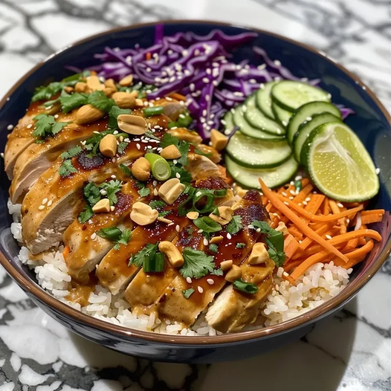 ['Close-up of Ginger Peanut Chicken Bowl with colorful vegetables and chicken strips.', 'Side view of a vibrant Ginger Peanut Chicken Bowl featuring sliced chicken and fresh veggies.', 'Juicy Ginger Peanut Chicken Bowl displayed with garnished vegetables and peanut sauce.', 'Detailed image of a delicious Ginger Peanut Chicken Bowl with various colorful ingredients.']