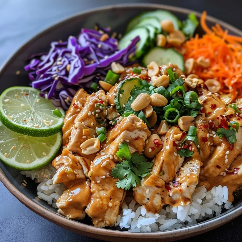Close-up of Ginger Peanut Chicken Bowl with colorful vegetables and chicken strips.