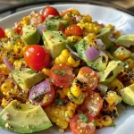 ['Close-up view of a vibrant grilled corn and avocado salad with colorful ingredients.', 'A side view of a delicious salad showcasing grilled corn, avocado, and colorful veggies.', 'Detail shot of a fresh salad featuring grilled corn, cherry tomatoes, and shishito peppers.', 'Juicy grilled corn and avocado salad presented in a bowl, highlighting various ingredients.']