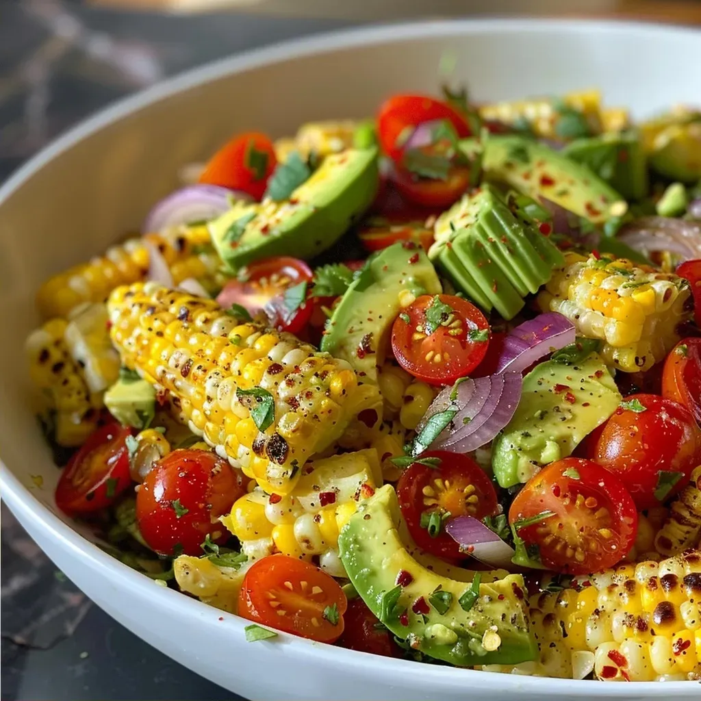 ['Close-up view of a vibrant grilled corn and avocado salad with colorful ingredients.', 'A side view of a delicious salad showcasing grilled corn, avocado, and colorful veggies.', 'Detail shot of a fresh salad featuring grilled corn, cherry tomatoes, and shishito peppers.', 'Juicy grilled corn and avocado salad presented in a bowl, highlighting various ingredients.']