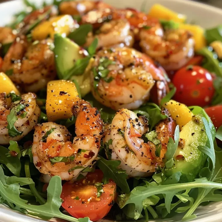 ['A close-up view of a colorful grilled shrimp salad featuring shrimp, arugula, cherry tomatoes, mango, and avocado.', 'Juicy grilled shrimp on a bed of greens, topped with vibrant cherry tomatoes and tropical mango cubes.', 'A side view of a fresh salad with grilled shrimp, arugula, and sliced avocado, garnished with lime.', 'A delicious salad showcasing grilled shrimp, mixed greens, and bright cherry tomatoes and mango pieces.']