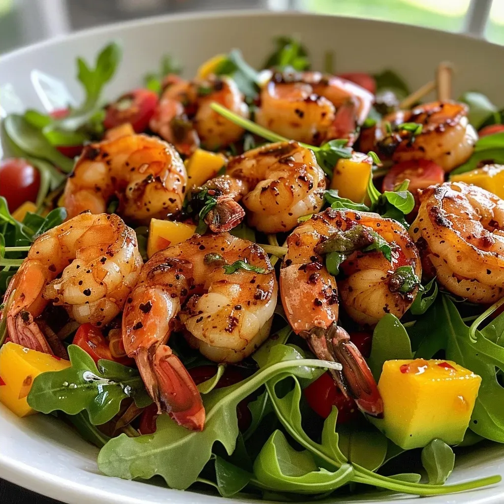 ['A close-up view of a colorful grilled shrimp salad featuring shrimp, arugula, cherry tomatoes, mango, and avocado.', 'Juicy grilled shrimp on a bed of greens, topped with vibrant cherry tomatoes and tropical mango cubes.', 'A side view of a fresh salad with grilled shrimp, arugula, and sliced avocado, garnished with lime.', 'A delicious salad showcasing grilled shrimp, mixed greens, and bright cherry tomatoes and mango pieces.']