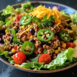 ['Close-up of a colorful Ground Turkey Taco Salad featuring fresh ingredients.', 'Side view of a layered taco salad with ground turkey, lettuce, and toppings.', 'Juicy taco salad with diced avocado, cherry tomatoes, and tortilla chips.', 'A vibrant plate of Ground Turkey Taco Salad showcasing various textures and colors.']