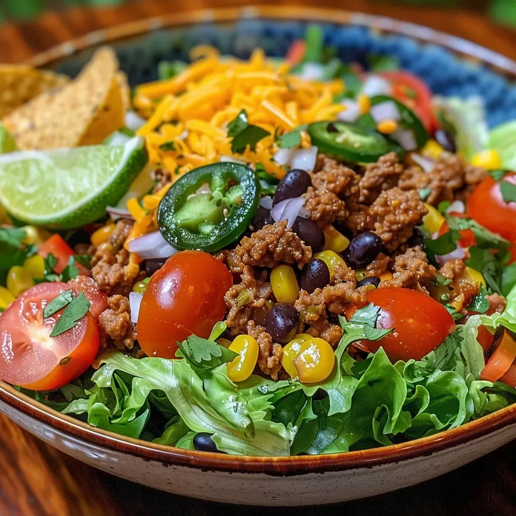 ['Close-up of a colorful Ground Turkey Taco Salad featuring fresh ingredients.', 'Side view of a layered taco salad with ground turkey, lettuce, and toppings.', 'Juicy taco salad with diced avocado, cherry tomatoes, and tortilla chips.', 'A vibrant plate of Ground Turkey Taco Salad showcasing various textures and colors.']