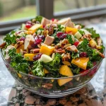 ['Close-up view of a vibrant Harvest Salad featuring kale, apples, turkey, and cheddar.', 'Side view of a colorful salad with chopped kale, diced apples, turkey slices, and shredded cheddar cheese.', 'A detailed shot of a delicious Harvest Salad composed of greens, nuts, and fruits.', 'A fresh salad showcasing kale, sliced turkey, apple pieces, and cranberries in a bowl.']