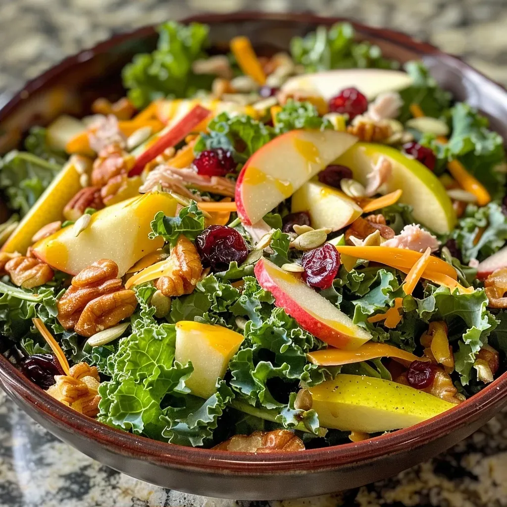 ['Close-up view of a vibrant Harvest Salad featuring kale, apples, turkey, and cheddar.', 'Side view of a colorful salad with chopped kale, diced apples, turkey slices, and shredded cheddar cheese.', 'A detailed shot of a delicious Harvest Salad composed of greens, nuts, and fruits.', 'A fresh salad showcasing kale, sliced turkey, apple pieces, and cranberries in a bowl.']