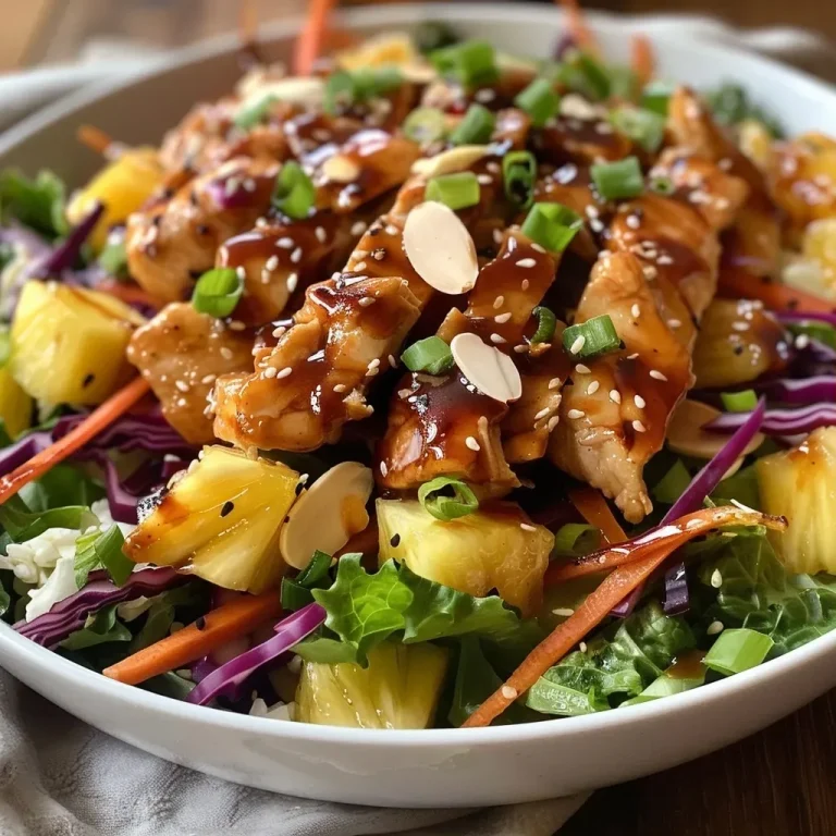 ['Close-up view of a colorful Hawaiian salad topped with sliced pineapple chicken, almonds, and fresh vegetables.', 'Side view of a vibrant Hawaiian salad featuring tender chicken, fresh pineapples, and mixed greens.', 'Juicy Hawaiian salad with grilled chicken, pineapple chunks, and a variety of shredded vegetables.', 'Detailed shot of a Hawaiian salad showcasing pineapple chicken, shredded carrots, and romaine hearts.']