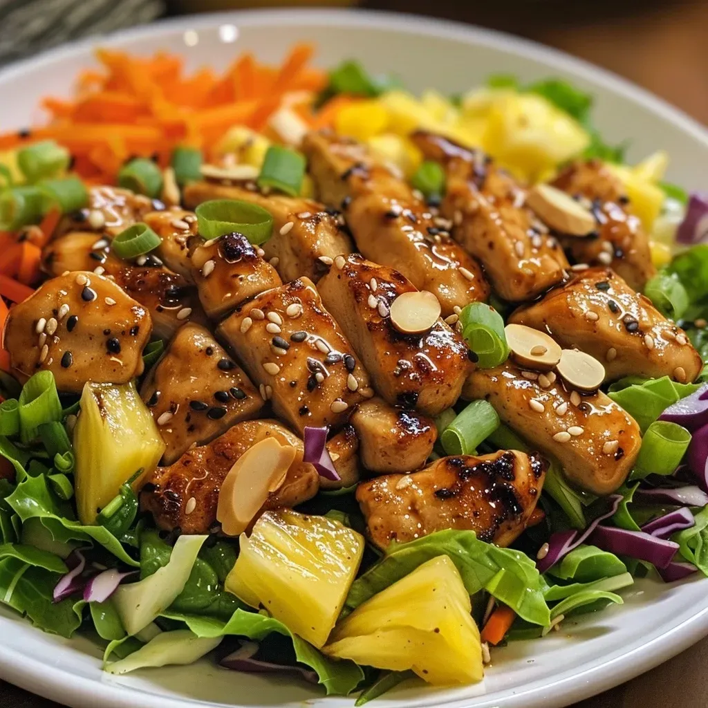 Close-up view of a colorful Hawaiian salad topped with sliced pineapple chicken, almonds, and fresh vegetables.