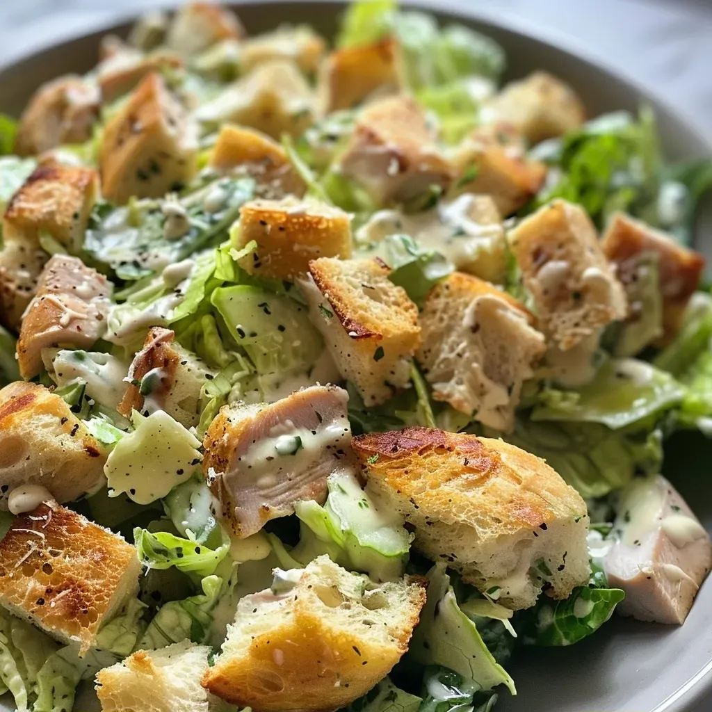 ['A close-up of a Healthy Caesar Salad featuring romaine lettuce, grilled chicken, croutons, and parmesan cheese.', 'Side view of a vibrant Healthy Caesar Salad with chunks of chicken, homemade croutons, and a sprinkle of parmesan.', 'Detailed shot of a Caesar Salad, showcasing fresh greens, grilled chicken, and creamy dressing.', 'A colorful Healthy Caesar Salad with chopped romaine, garlic, thyme, and fresh lemon juice.']
