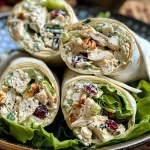 ['Close-up of healthy chicken salad wraps with vibrant colors and fresh ingredients.', 'Side view of juicy chicken salad wraps, showcasing fresh lettuce and cranberries.', 'Detailed image of healthy chicken salad wraps filled with chicken, celery, and nuts.', 'Colorful chicken salad wraps arranged neatly on a plate, highlighting their texture.']