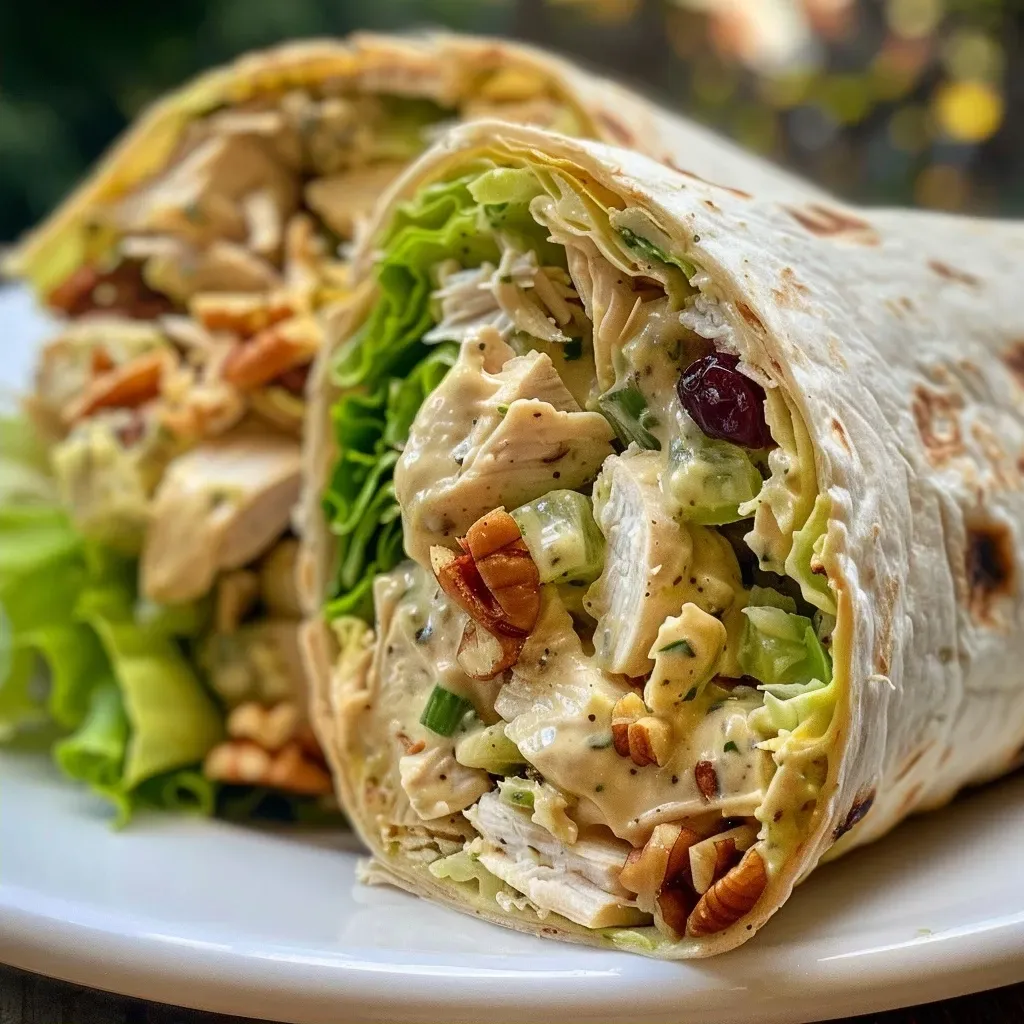 ['Close-up of healthy chicken salad wraps with vibrant colors and fresh ingredients.', 'Side view of juicy chicken salad wraps, showcasing fresh lettuce and cranberries.', 'Detailed image of healthy chicken salad wraps filled with chicken, celery, and nuts.', 'Colorful chicken salad wraps arranged neatly on a plate, highlighting their texture.']