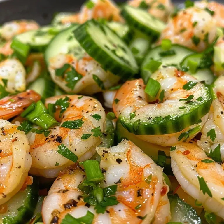 ['Close-up of a vibrant cucumber shrimp salad with shrimp and herbs.', 'Juicy shrimp and diced cucumbers arranged in a fresh salad.', 'A healthy shrimp salad featuring green onions and Greek yogurt dressing.', 'Colorful cucumber shrimp salad showcasing fresh ingredients and textures.']