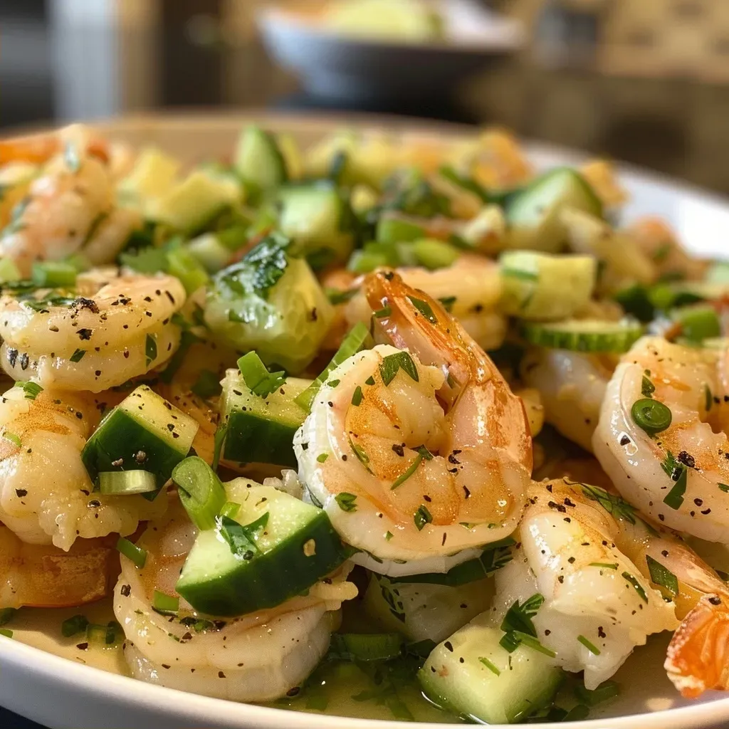 ['Close-up of a vibrant cucumber shrimp salad with shrimp and herbs.', 'Juicy shrimp and diced cucumbers arranged in a fresh salad.', 'A healthy shrimp salad featuring green onions and Greek yogurt dressing.', 'Colorful cucumber shrimp salad showcasing fresh ingredients and textures.']
