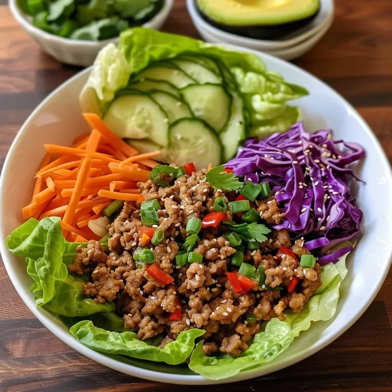 ['Close-up of healthy ground turkey lettuce wrap bowls with colorful vegetables.', 'Side view of a bowl filled with ground turkey and fresh veggies wrapped in lettuce.', 'Vibrant ground turkey lettuce wrap bowl topped with sliced avocado and sesame seeds.', 'Juicy ground turkey stir-fry served in lettuce cups with a variety of fresh toppings.']