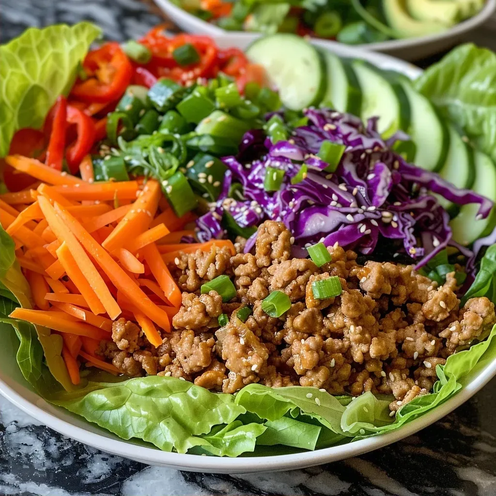 ['Close-up of healthy ground turkey lettuce wrap bowls with colorful vegetables.', 'Side view of a bowl filled with ground turkey and fresh veggies wrapped in lettuce.', 'Vibrant ground turkey lettuce wrap bowl topped with sliced avocado and sesame seeds.', 'Juicy ground turkey stir-fry served in lettuce cups with a variety of fresh toppings.']