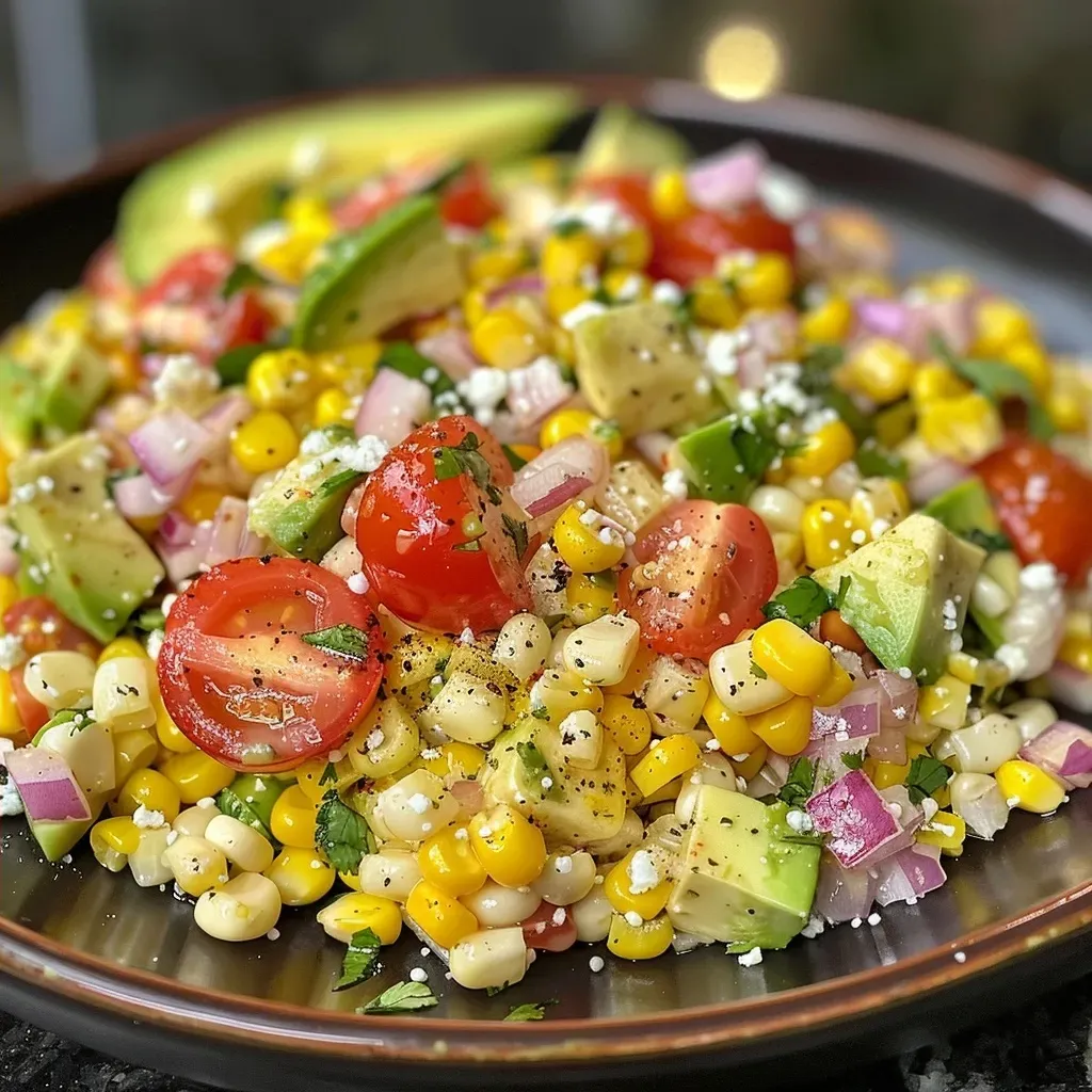 ['Close-up view of a vibrant Healthy Street Corn Salad featuring colorful ingredients.', 'Side view of a bowl filled with Healthy Street Corn Salad, showcasing fresh corn, tomatoes, and avocado.', 'Detailed image of Healthy Street Corn Salad highlighting juicy corn kernels and diced vegetables.', 'Close-up of a fresh salad with Greek yogurt, corn, and colorful veggies.']