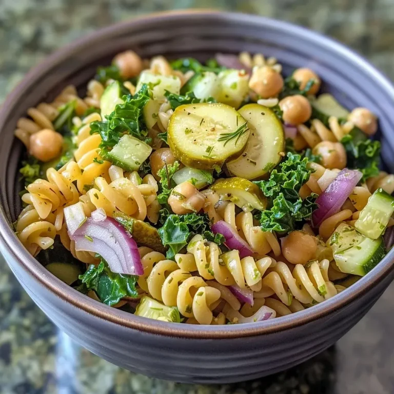 ['Close-up view of a colorful High Protein Dill Pickle Pasta Salad in a bowl.', 'Vibrant pasta salad featuring dill pickles, chickpeas, and fresh vegetables.', 'High Protein Dill Pickle Pasta Salad with protein pasta and vibrant ingredients.', 'Detailed shot of a creamy pasta salad packed with dill and colorful veggies.']