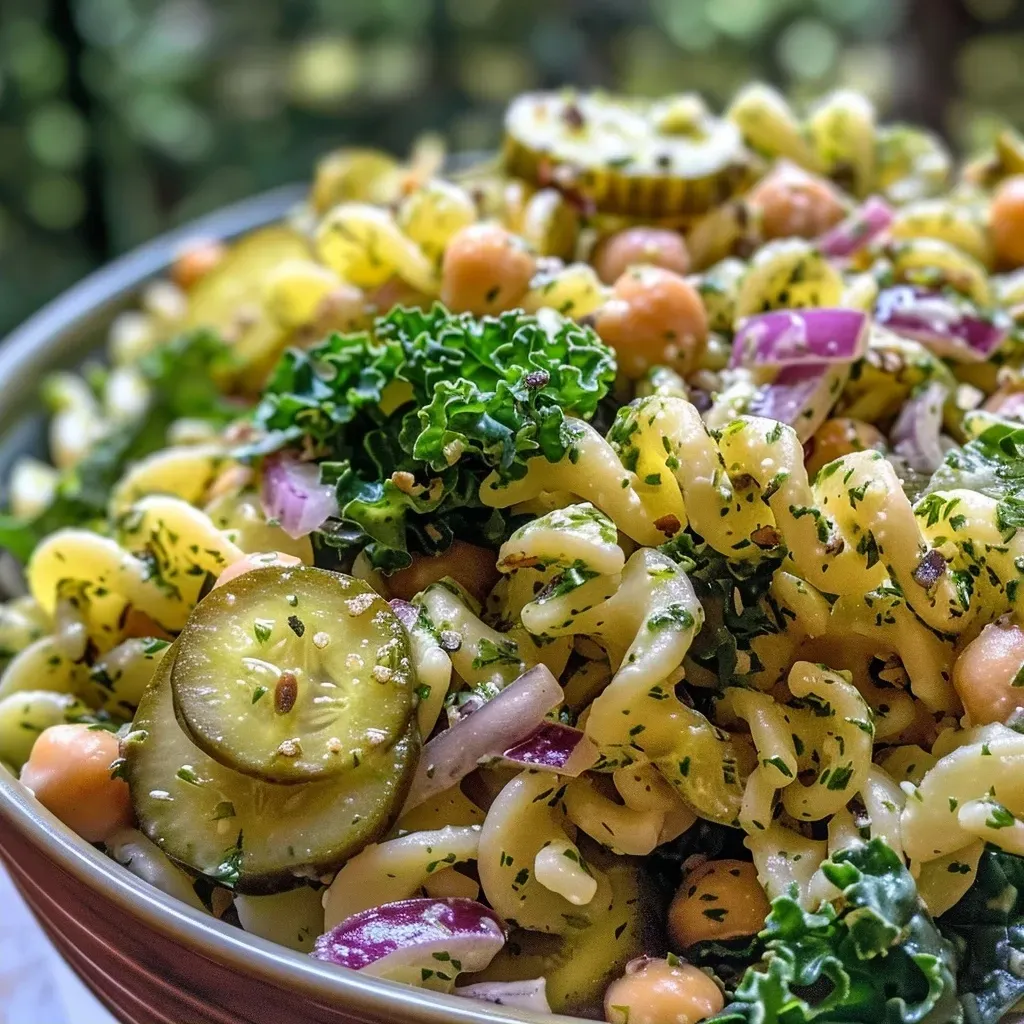 ['Close-up view of a colorful High Protein Dill Pickle Pasta Salad in a bowl.', 'Vibrant pasta salad featuring dill pickles, chickpeas, and fresh vegetables.', 'High Protein Dill Pickle Pasta Salad with protein pasta and vibrant ingredients.', 'Detailed shot of a creamy pasta salad packed with dill and colorful veggies.']
