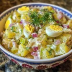 ['Close-up of a bowl filled with high protein potato salad, showcasing vibrant ingredients.', 'Side view of a creamy potato salad with chunks of potatoes, eggs, and fresh vegetables.', 'A colorful serving of high protein potato salad, with visible diced pickles and herbs.', 'Juicy potato salad arranged attractively, highlighting the textures of the ingredients.']