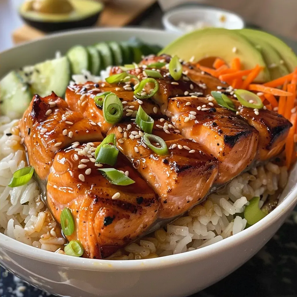 ['Close-up of a colorful salmon rice bowl topped with sliced avocado, cucumber, and carrots.', 'High-protein salmon rice bowl featuring cubed salmon, jasmine rice, and vibrant vegetables.', 'Side view of a nutritious salmon rice bowl with toppings including edamame and sesame seeds.', 'Juicy salmon rice bowl garnished with green onions and lime wedges on the side.']