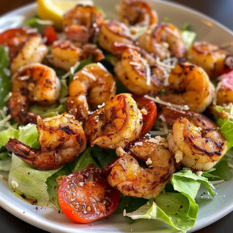 ['Close-up view of a colorful Caesar salad featuring blackened shrimp topped with hot honey.', 'Side angle of a vibrant Hot Honey Blackened Shrimp Caesar Salad with lettuce, tomatoes, and Parmesan.', 'Close photo of a Caesar salad with seasoned shrimp, croutons, and a lemon wedge on the side.', 'Detailed image of a fresh Caesar salad showcasing juicy blackened shrimp and fresh greens.']