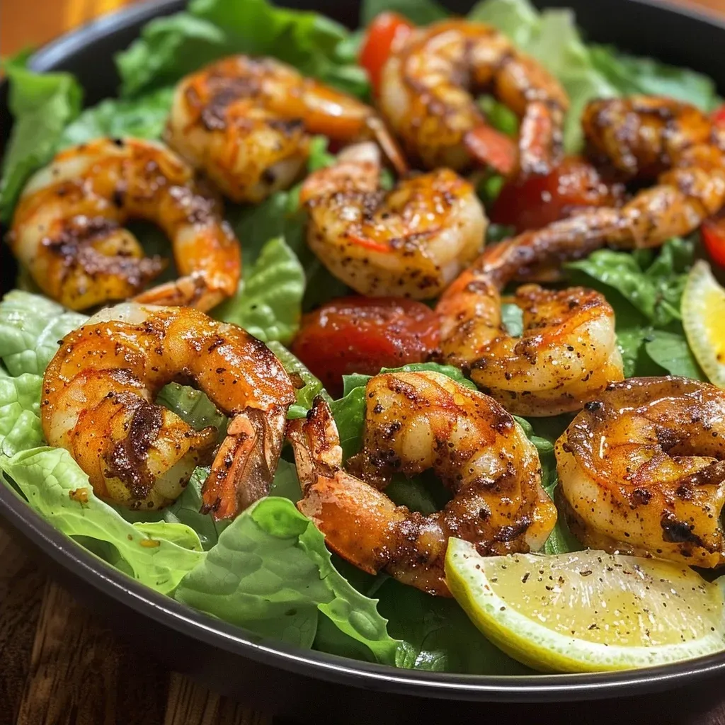 ['Close-up view of a colorful Caesar salad featuring blackened shrimp topped with hot honey.', 'Side angle of a vibrant Hot Honey Blackened Shrimp Caesar Salad with lettuce, tomatoes, and Parmesan.', 'Close photo of a Caesar salad with seasoned shrimp, croutons, and a lemon wedge on the side.', 'Detailed image of a fresh Caesar salad showcasing juicy blackened shrimp and fresh greens.']