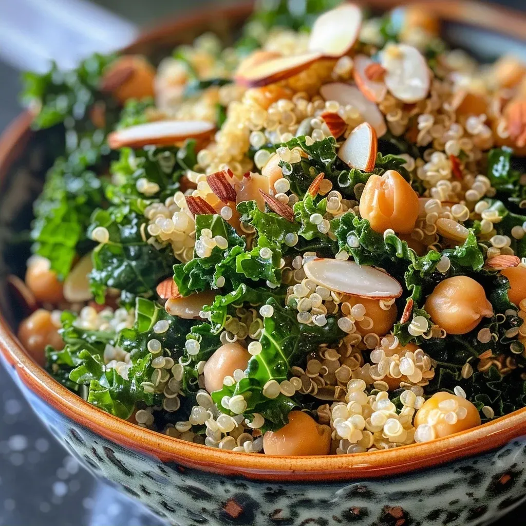 ['A vibrant kale and quinoa salad featuring colorful ingredients like pumpkin seeds and sliced almonds.', 'A close-up view of a fresh kale and quinoa salad drizzled with lemon dijon dressing, showcasing various textures.', 'A side view of a hearty kale and quinoa salad, highlighting the richness of ingredients including chickpeas and nuts.', 'A close-up image of a delicious kale and quinoa salad, garnished with lemon dijon dressing and various seeds.']