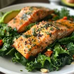 ['Close-up view of a vibrant kale salad topped with pan-seared salmon and garnished with avocado and seeds.', 'Side view of a colorful kale salad featuring a piece of juicy salmon, avocado slices, and pumpkin seeds.', 'Detailed image of a kale salad with a perfectly seared salmon fillet, sprinkled with sesame seeds and fresh greens.', 'Delicious kale salad showcasing pan-seared salmon, ripe avocado, and crunchy pumpkin seeds on a rustic plate.']