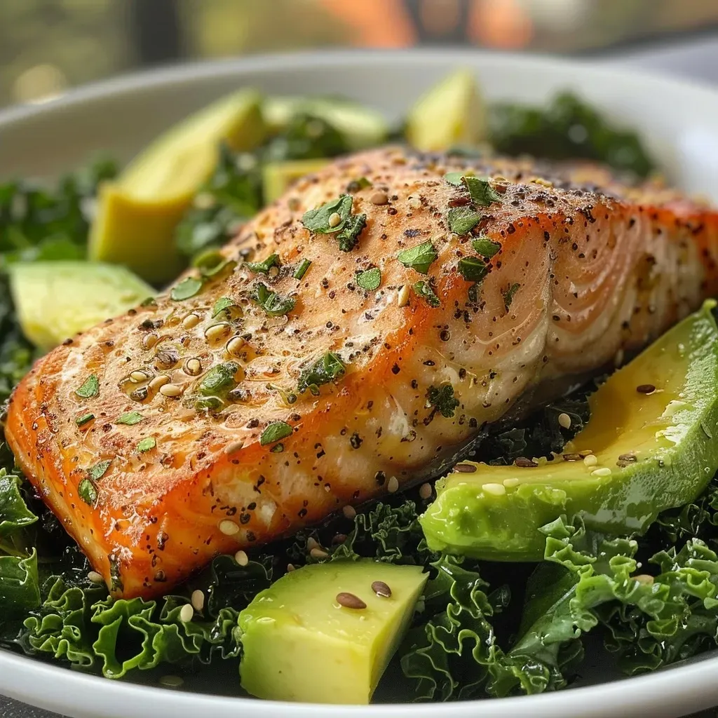 ['Close-up view of a vibrant kale salad topped with pan-seared salmon and garnished with avocado and seeds.', 'Side view of a colorful kale salad featuring a piece of juicy salmon, avocado slices, and pumpkin seeds.', 'Detailed image of a kale salad with a perfectly seared salmon fillet, sprinkled with sesame seeds and fresh greens.', 'Delicious kale salad showcasing pan-seared salmon, ripe avocado, and crunchy pumpkin seeds on a rustic plate.']