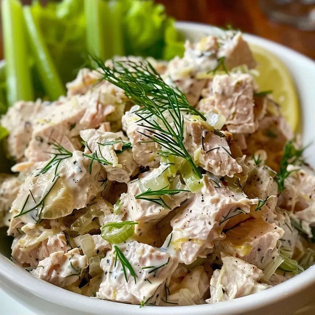 ['Close-up of a bowl of Lemon-Dill Tuna Salad garnished with fresh dill.', 'Side view of a creamy Lemon-Dill Tuna Salad with celery and shallots.', 'Juicy Lemon-Dill Tuna Salad served with whole-wheat bread and lettuce.', 'Bright and colorful Lemon-Dill Tuna Salad with a lemon wedge and dill sprig.']