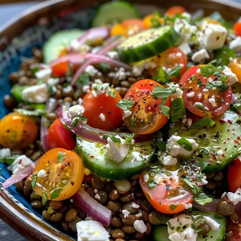 ['A vibrant salad featuring cooked lentils, cucumber, cherry tomatoes, and feta cheese, garnished with fresh herbs.', 'Close-up of a healthy salad with colorful ingredients, including lentils, cucumber, feta, and a drizzle of olive oil.', 'A side view of a refreshing Lentil Cucumber Feta Salad with visible chunks of cucumber, cherry tomatoes, and red onion.', 'A colorful dish showcasing lentils, cucumbers, and feta, topped with fresh parsley and a splash of lemon juice.']