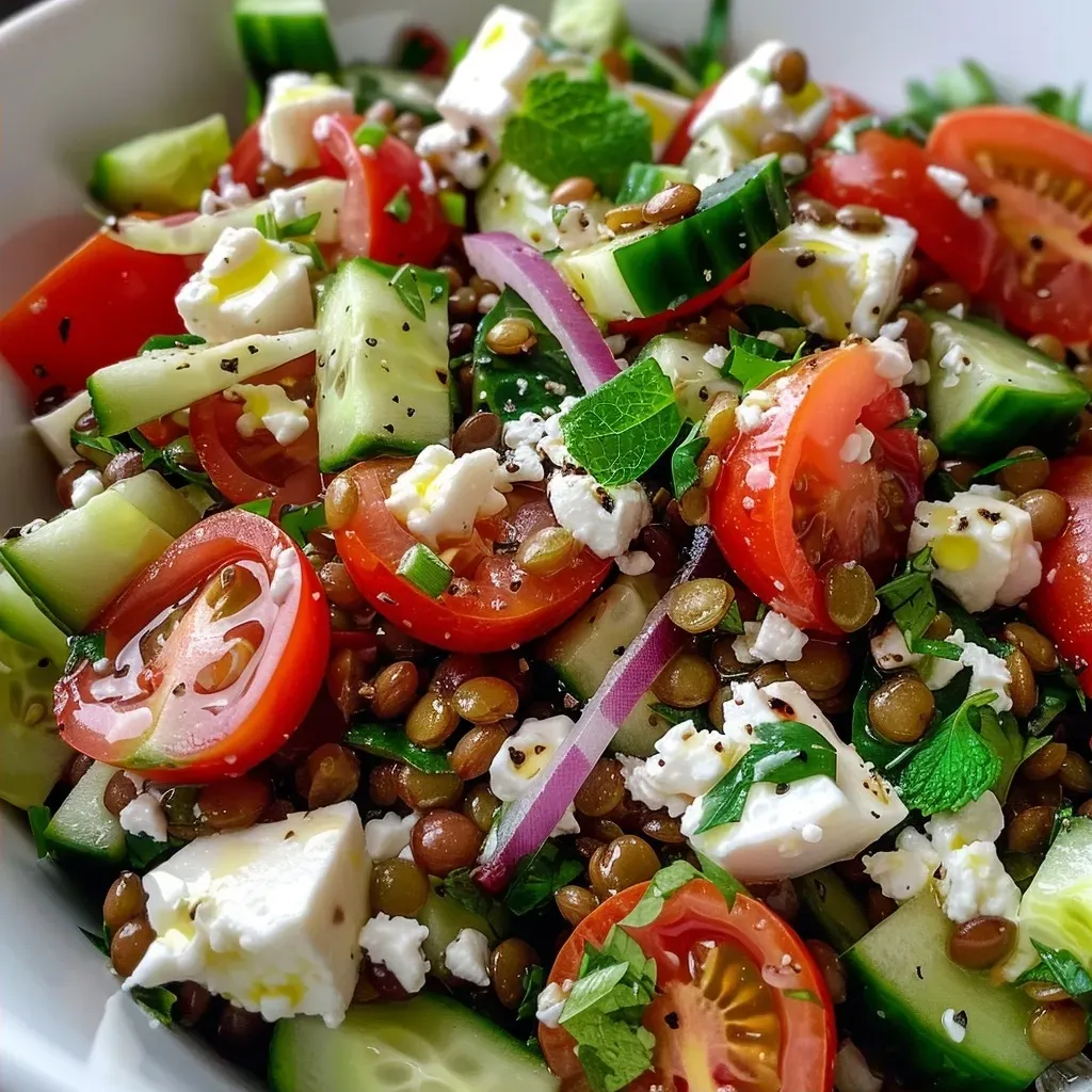 ['A vibrant salad featuring cooked lentils, cucumber, cherry tomatoes, and feta cheese, garnished with fresh herbs.', 'Close-up of a healthy salad with colorful ingredients, including lentils, cucumber, feta, and a drizzle of olive oil.', 'A side view of a refreshing Lentil Cucumber Feta Salad with visible chunks of cucumber, cherry tomatoes, and red onion.', 'A colorful dish showcasing lentils, cucumbers, and feta, topped with fresh parsley and a splash of lemon juice.']