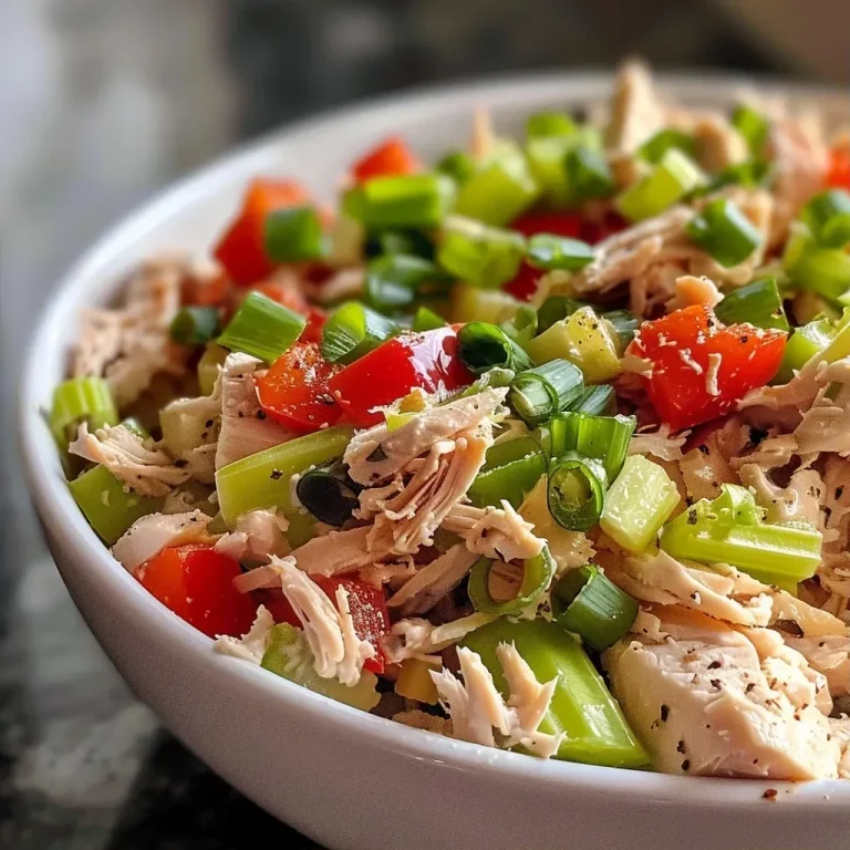['Close-up view of a vibrant turkey salad featuring diced turkey, celery, green onions, and red bell pepper in a creamy dressing.', 'Side angle photo of a fresh turkey salad with chopped vegetables and a creamy mayonnaise dressing, displayed in a bowl.', 'Juicy turkey salad made with fresh vegetables, showcasing the ingredients like celery and red bell pepper in a close-up shot.', 'Detail shot of a colorful turkey salad with cooked turkey, green onions, and bell pepper, highlighted against a blurred background.']