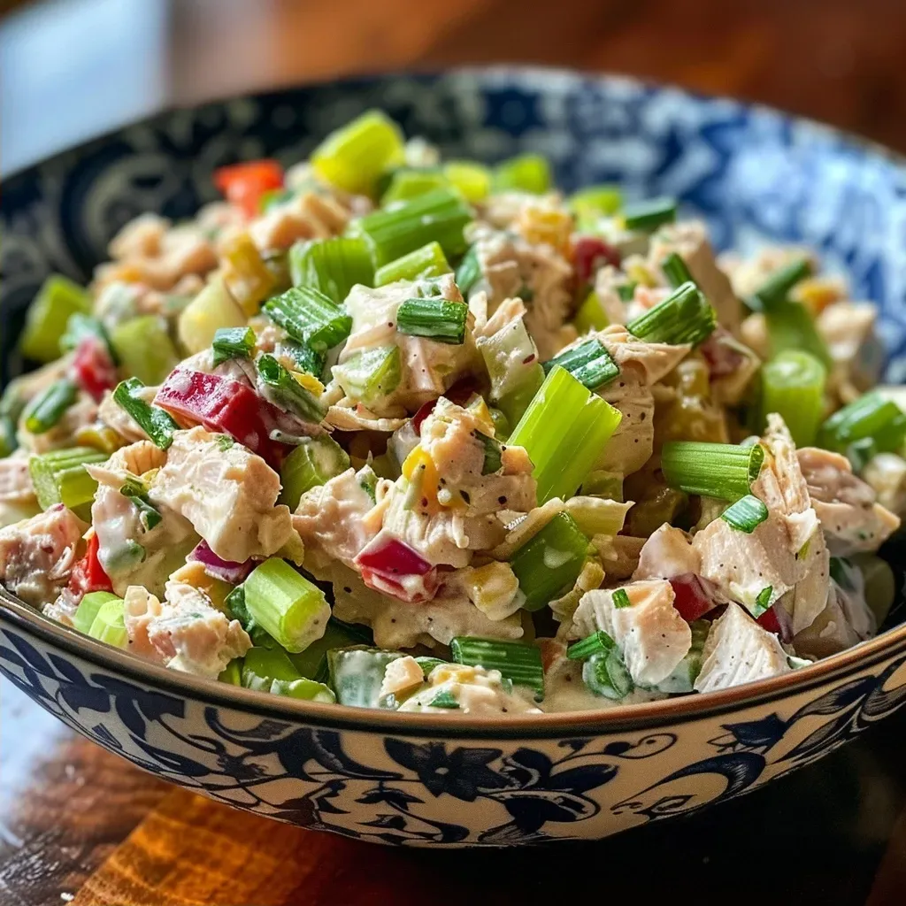 ['Close-up view of a vibrant turkey salad featuring diced turkey, celery, green onions, and red bell pepper in a creamy dressing.', 'Side angle photo of a fresh turkey salad with chopped vegetables and a creamy mayonnaise dressing, displayed in a bowl.', 'Juicy turkey salad made with fresh vegetables, showcasing the ingredients like celery and red bell pepper in a close-up shot.', 'Detail shot of a colorful turkey salad with cooked turkey, green onions, and bell pepper, highlighted against a blurred background.']