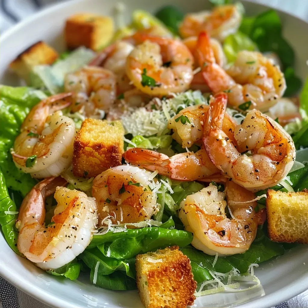 ['A close-up of a vibrant Low Calorie Shrimp Caesar Salad featuring shrimp, lettuce, and croutons.', 'Juicy shrimp atop a bed of chopped romaine lettuce with parmesan and creamy dressing in a fresh salad.', 'A side view of a colorful Caesar salad with shrimp, croutons, and a sprinkle of parmesan cheese.', 'An appetizing bowl of Low Calorie Shrimp Caesar Salad showcasing fresh ingredients and a healthy dressing.']