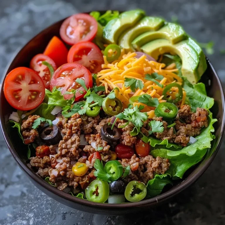 ['Close-up view of a Low Carb Taco Salad Bowl featuring colorful ingredients.', 'A delicious taco salad bowl with ground beef, vegetables, and toppings.', 'Side view of a vibrant Low Carb Taco Salad Bowl with fresh ingredients.', 'Juicy taco salad bowl showcasing layers of lettuce, beef, and cheese.']