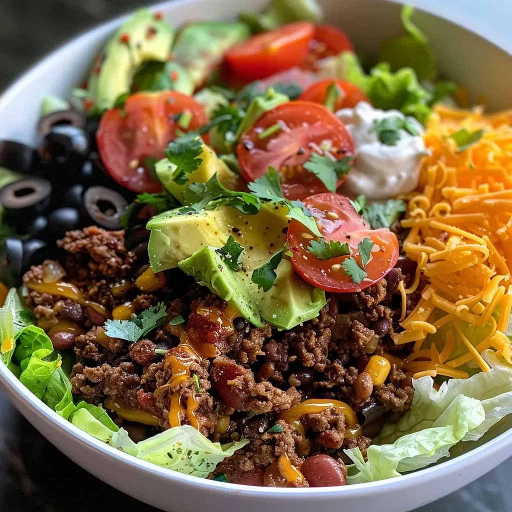 ['Close-up view of a Low Carb Taco Salad Bowl featuring colorful ingredients.', 'A delicious taco salad bowl with ground beef, vegetables, and toppings.', 'Side view of a vibrant Low Carb Taco Salad Bowl with fresh ingredients.', 'Juicy taco salad bowl showcasing layers of lettuce, beef, and cheese.']