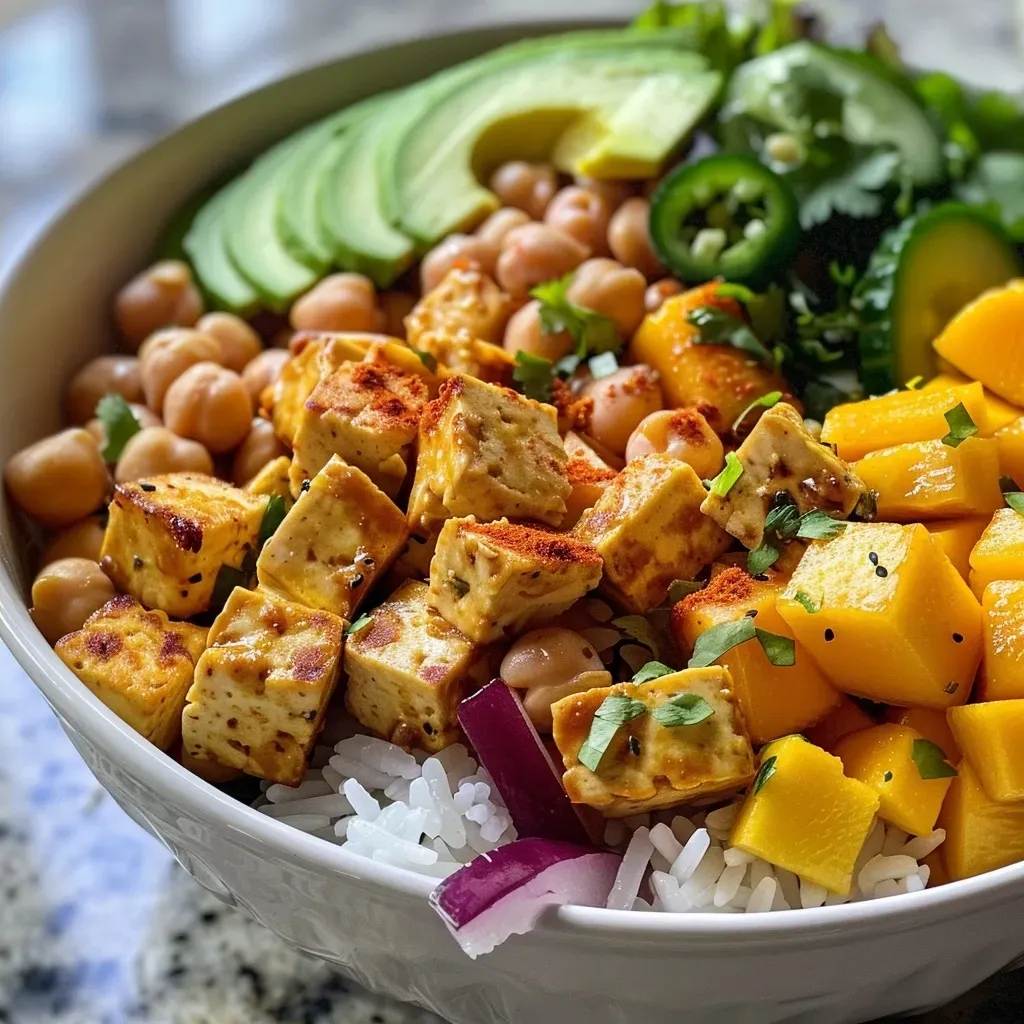 ['A vibrant Mango Chickpea Salad displayed in a bowl, showcasing fresh ingredients like mango, avocado, and chickpeas.', 'Close-up view of a colorful Mango Chickpea Salad with diced mango, avocado, and garnished with cilantro.', 'A side view of a delicious Mango Chickpea Salad featuring bright mango cubes and chickpeas in a bowl.', 'A beautifully arranged Mango Chickpea Salad with vivid colors from fresh vegetables and mango.']