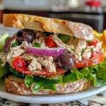 ['A close-up side view of a Mediterranean Turkey Salad Sandwich with colorful ingredients.', 'Juicy Mediterranean Turkey Salad Sandwich featuring turkey, olives, and peppers, photographed from the side.', 'Side view of a full Mediterranean Turkey Salad Sandwich, showcasing vibrant veggies and turkey filling.', 'Detailed close-up of a Mediterranean Turkey Salad Sandwich with visible ingredients like turkey, olives, and red onion.']