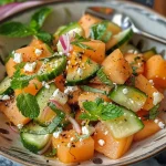 ['Close-up view of a vibrant melon and cucumber salad garnished with fresh mint and feta cheese.', 'A colorful bowl of salad featuring diced melon, sliced cucumbers, and crumbled feta, drizzled with olive oil.', 'Juicy cantaloupe and cucumber salad with red onion and feta, presented in a rustic wooden bowl.', 'Fresh summer salad made of melon, cucumber, and feta cheese, decorated with mint leaves on a wooden table.']