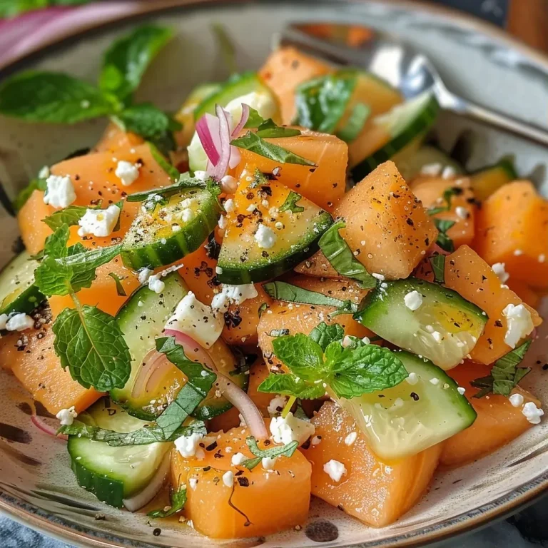['Close-up view of a vibrant melon and cucumber salad garnished with fresh mint and feta cheese.', 'A colorful bowl of salad featuring diced melon, sliced cucumbers, and crumbled feta, drizzled with olive oil.', 'Juicy cantaloupe and cucumber salad with red onion and feta, presented in a rustic wooden bowl.', 'Fresh summer salad made of melon, cucumber, and feta cheese, decorated with mint leaves on a wooden table.']