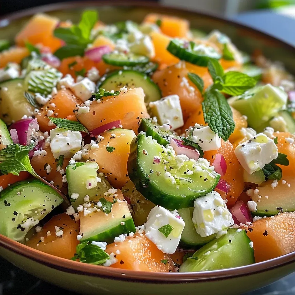 Close-up view of a vibrant melon and cucumber salad garnished with fresh mint and feta cheese.