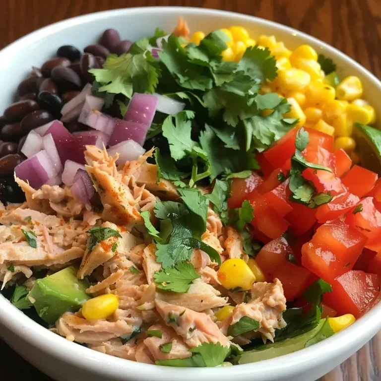 ['Close-up view of a bowl filled with vibrant Mexican Tuna Salad featuring corn, beans, and colorful vegetables.', 'Side angle of Mexican Tuna Salad showcasing tuna, black beans, corn, and fresh ingredients in a mixing bowl.', 'Appetizing close-up of Mexican Tuna Salad with a mix of tuna, corn, and diced red bell peppers, garnished with cilantro.', 'Brightly colored Mexican Tuna Salad in a bowl, highlighting its ingredients like corn, bell peppers, and tuna.']
