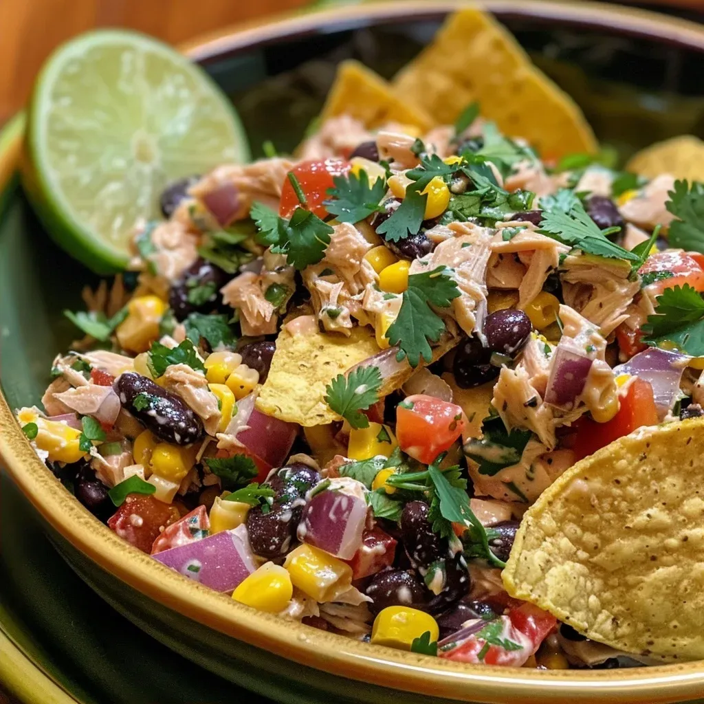 ['Close-up view of a bowl filled with vibrant Mexican Tuna Salad featuring corn, beans, and colorful vegetables.', 'Side angle of Mexican Tuna Salad showcasing tuna, black beans, corn, and fresh ingredients in a mixing bowl.', 'Appetizing close-up of Mexican Tuna Salad with a mix of tuna, corn, and diced red bell peppers, garnished with cilantro.', 'Brightly colored Mexican Tuna Salad in a bowl, highlighting its ingredients like corn, bell peppers, and tuna.']