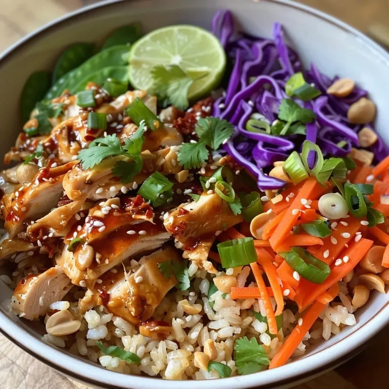 ['Close-up view of peanut chicken rice and cabbage bowls with vibrant colors.', 'Juicy peanut chicken served over warm rice with colorful cabbage and veggies.', 'A delicious bowl filled with peanut chicken, brown rice, and fresh vegetables.', 'Side view of a hearty peanut chicken bowl featuring rice, cabbage, and toppings.']