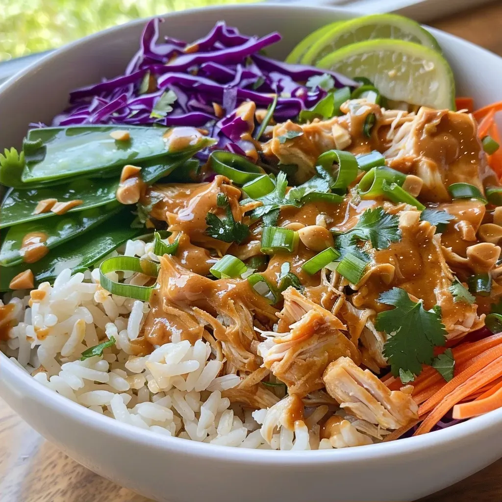['Close-up view of peanut chicken rice and cabbage bowls with vibrant colors.', 'Juicy peanut chicken served over warm rice with colorful cabbage and veggies.', 'A delicious bowl filled with peanut chicken, brown rice, and fresh vegetables.', 'Side view of a hearty peanut chicken bowl featuring rice, cabbage, and toppings.']