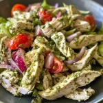 ['A vibrant bowl of Pesto Chicken Salad featuring shredded chicken, cherry tomatoes, and fresh herbs.', 'Close-up view of Pesto Chicken Salad with a mix of green basil pesto, diced vegetables, and chicken.', 'Juicy Pesto Chicken Salad displayed with colorful ingredients like red onion and cherry tomatoes.', 'A delicious serving of Pesto Chicken Salad showcasing shredded chicken and a creamy texture from Greek yogurt.']
