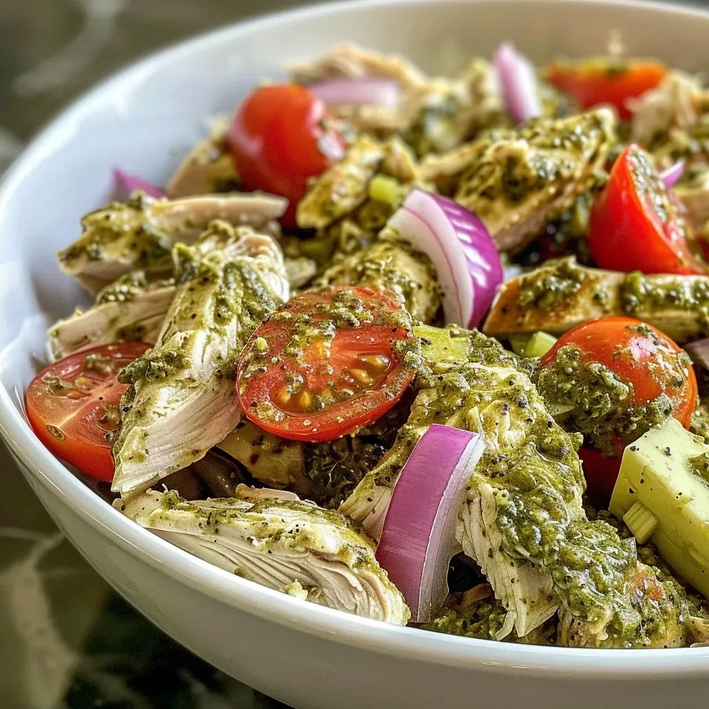 ['A vibrant bowl of Pesto Chicken Salad featuring shredded chicken, cherry tomatoes, and fresh herbs.', 'Close-up view of Pesto Chicken Salad with a mix of green basil pesto, diced vegetables, and chicken.', 'Juicy Pesto Chicken Salad displayed with colorful ingredients like red onion and cherry tomatoes.', 'A delicious serving of Pesto Chicken Salad showcasing shredded chicken and a creamy texture from Greek yogurt.']