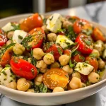 ['Close-up view of a Pesto Chickpea Tomato Salad with vibrant cherry tomatoes and mozzarella pearls.', 'Side view of a colorful salad featuring chickpeas, tomatoes, and pesto dressing in a bowl.', 'Juicy Pesto Chickpea Tomato Salad with fresh ingredients on a wooden table.', 'Vibrant salad showcasing chickpeas, cherry tomatoes, mozzarella, and pesto in a sunny setting.']