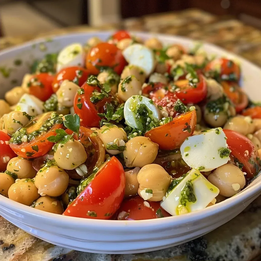 ['Close-up view of a Pesto Chickpea Tomato Salad with vibrant cherry tomatoes and mozzarella pearls.', 'Side view of a colorful salad featuring chickpeas, tomatoes, and pesto dressing in a bowl.', 'Juicy Pesto Chickpea Tomato Salad with fresh ingredients on a wooden table.', 'Vibrant salad showcasing chickpeas, cherry tomatoes, mozzarella, and pesto in a sunny setting.']